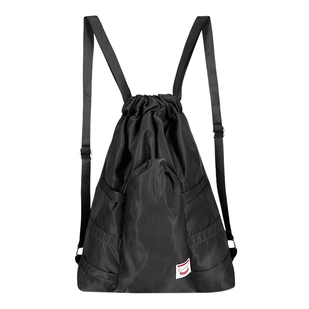 Large Drawstring backpack Men Women Fitness Gym Bag Outdoor Travel Waterproof Nylon String Backpack for Running Swimming Hiking: Black