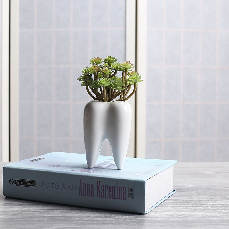 IK Pc Tand Vorm Witte Keramische Bloempot Moderne Planter Tanden Model Mini Desktop Pot (zonder planten)