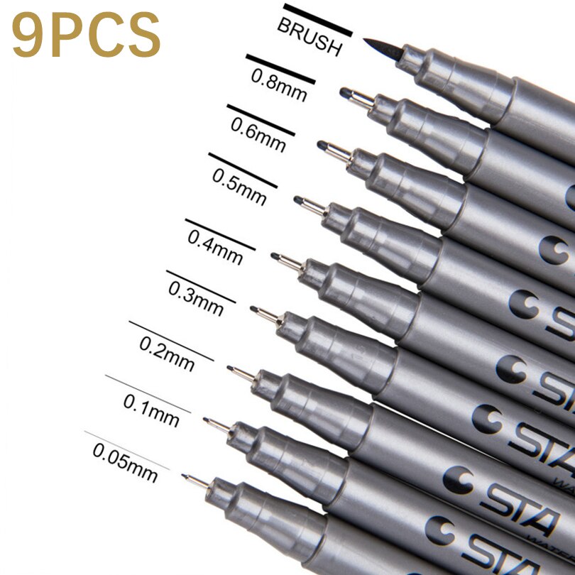 4/9/11/12Pcs Pigma Micron Pen Waterdichte Handgetekende Schets Naald Pen Hand dawing Liner Fineliner Cartoon Handtekening Pen: 9PCS STA