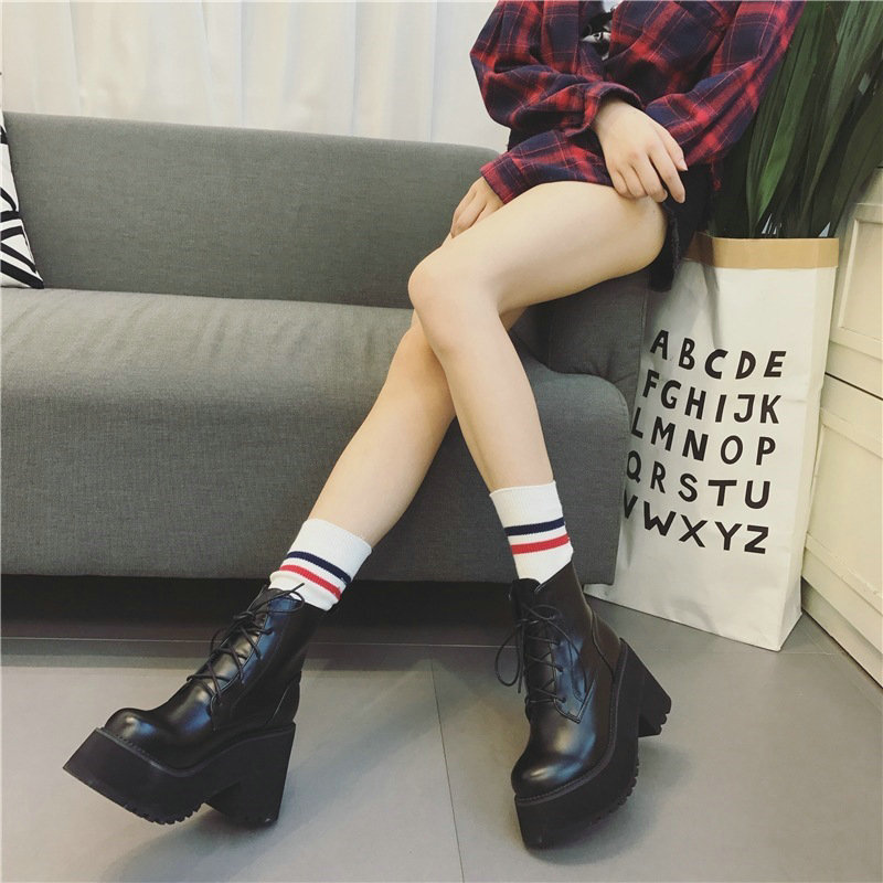 Botas de cuero para mujer, Botines de tacón grueso a la , zapatos de tacón alto cálidos para invierno, botas negras con plataforma, B460,