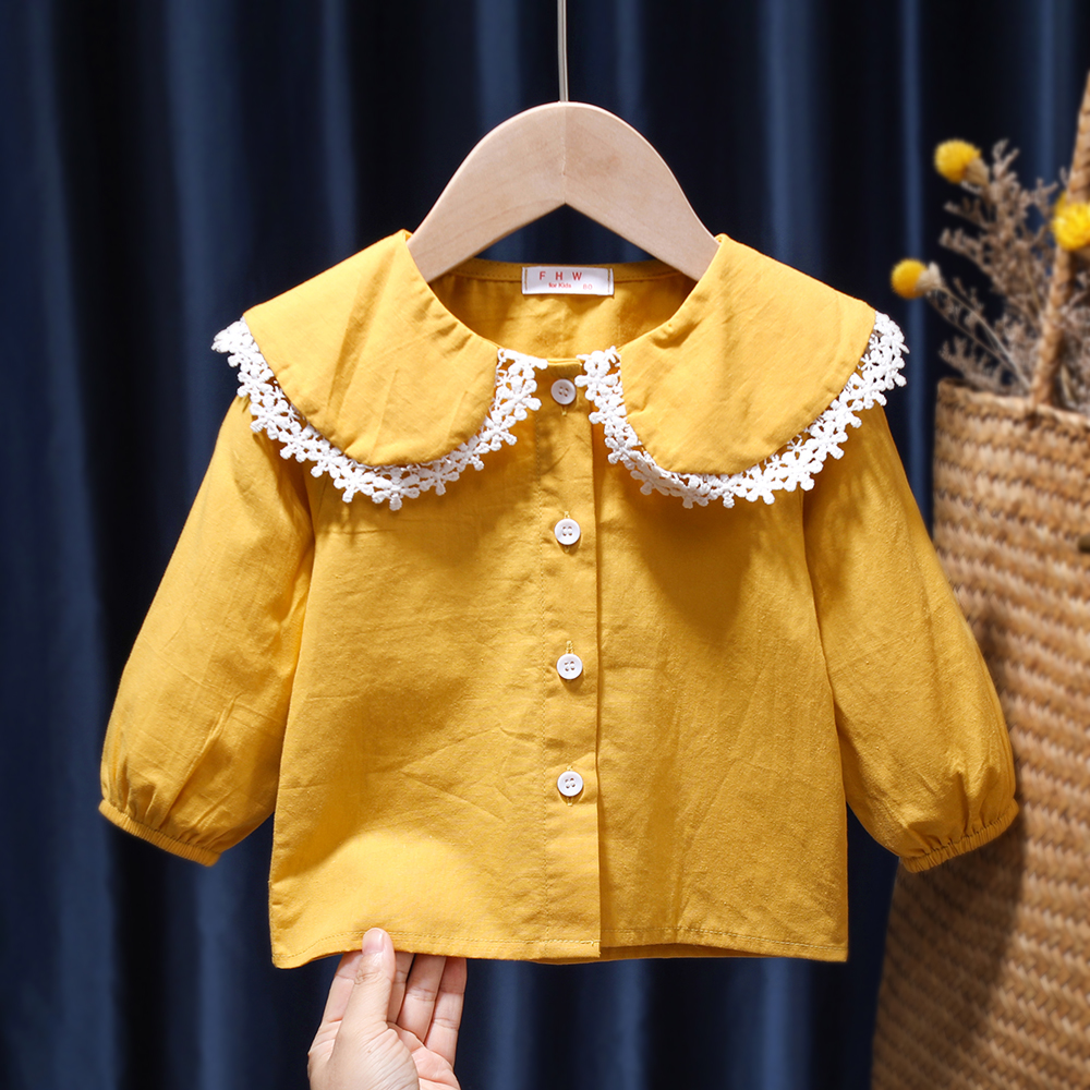Blusa de algodão para bebês meninas, camisa branca para crianças manga comprida para escola primavera e outono: YELLOW / 12M(80)