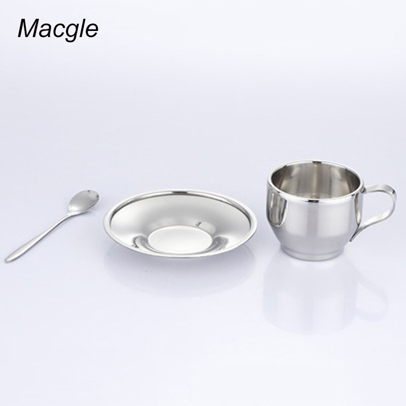 Coffekop Set Rvs Koffiekopje Dubbele Laag Met Schotel Lepel Drie Delige Koffie Shop Gereedschap Europese Koffie Cup