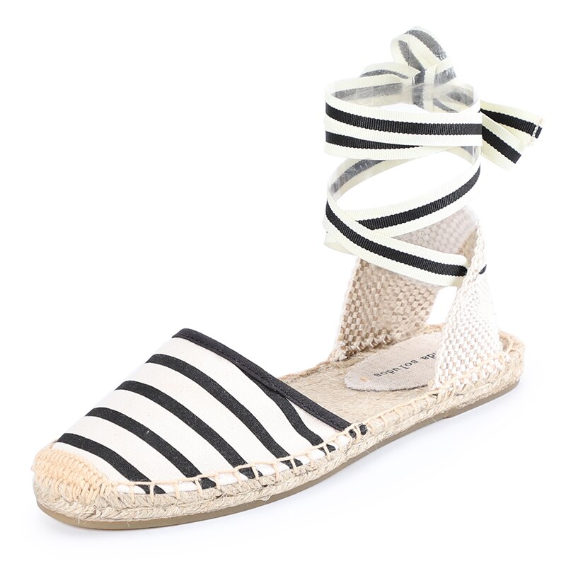 Tienda Soludos Espadrilles Shoes Summer Women's Strappy Off-duty Days Outsole Women Flats Gladiator Gingham Ankle Strap: Black natural / 41