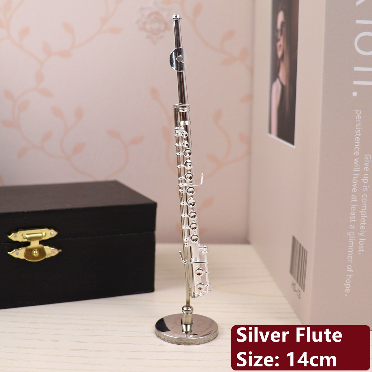 Dh Miniature Flute Clarinet Saxophone Trumpet Trombone French Horn Model Mini Musical Instrument Ornaments and Decoration: Silver Flute-14cm