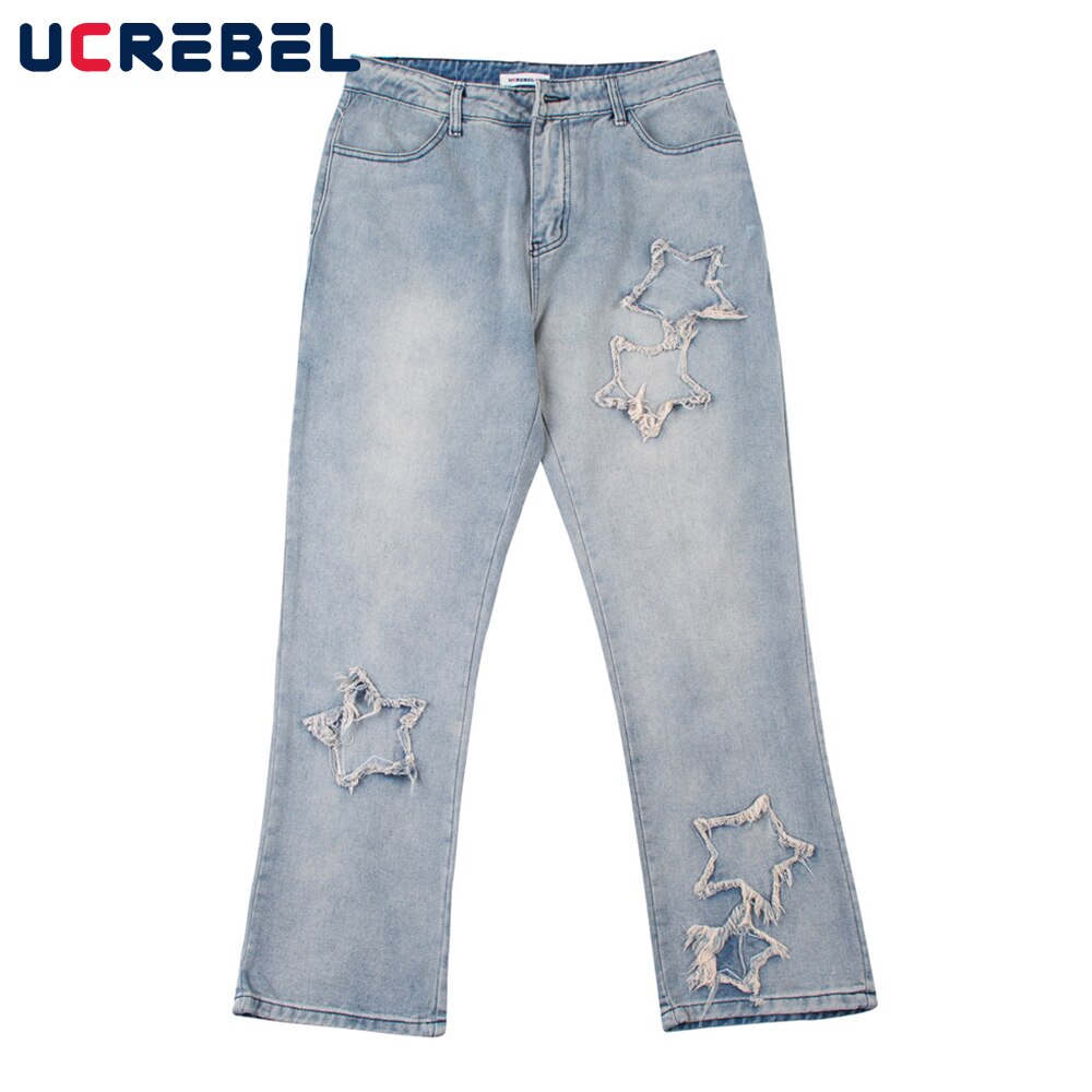 Star Patch Embroidery Denim Pants Mens High Street Flared Pants Streetwear Distressed Loose Casual Jeans Trousers Men