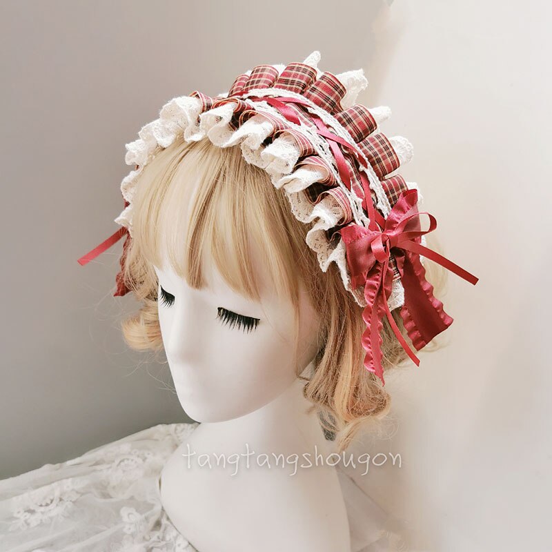 Diadema de pelo de Lolita hecha a mano, tocado de Caperucita Roja, adorno de pelo con lazo de encaje, diadema roja de vino para Cosplay: 01