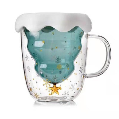 300 ml kerstboom glazen beker hittebestendige dubbelwandige glazen beker koffiemok met deksel schattige kerst voor meisjes: Met deksel