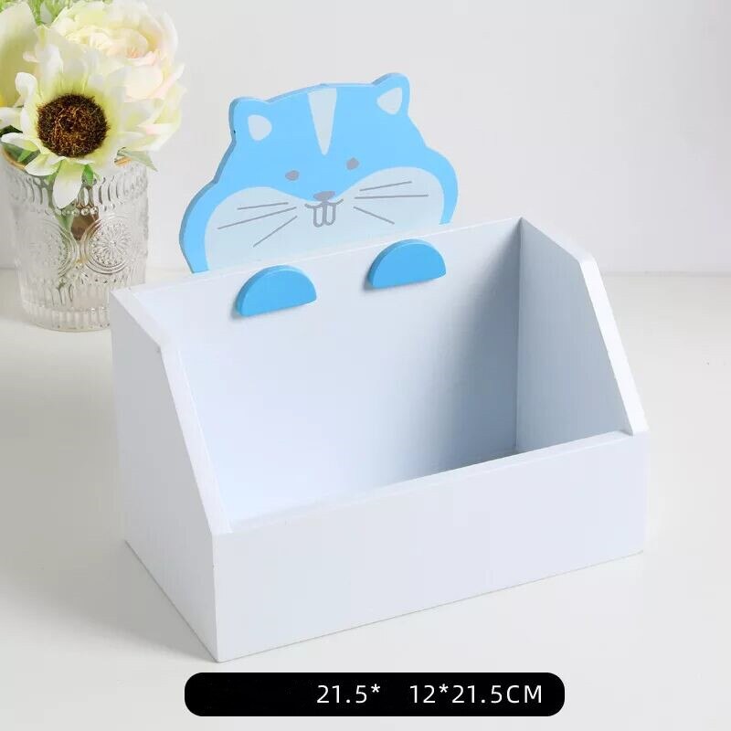 MINKYS Cute Cat Large Capacity Wood Desktop Organizer Pen Holder Desk Storage Box School Office Stationery: blue B