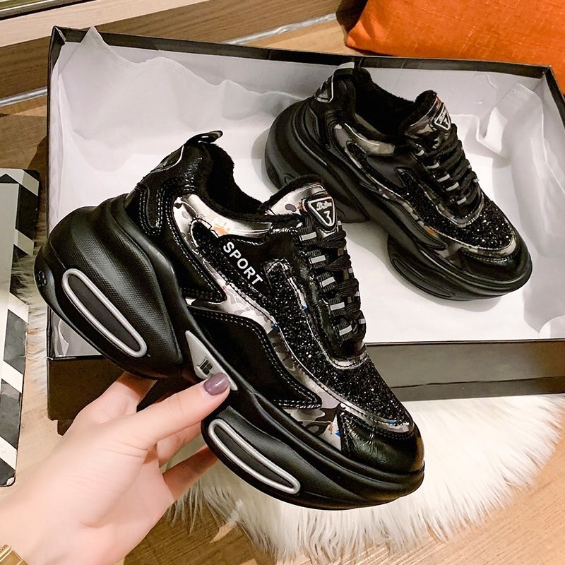 Fujin-Tacón de Cuña de suela gruesa para mujer, zapatillas de plataforma con tacón grueso, informales, transpirables, cómodas,: black plush / 35