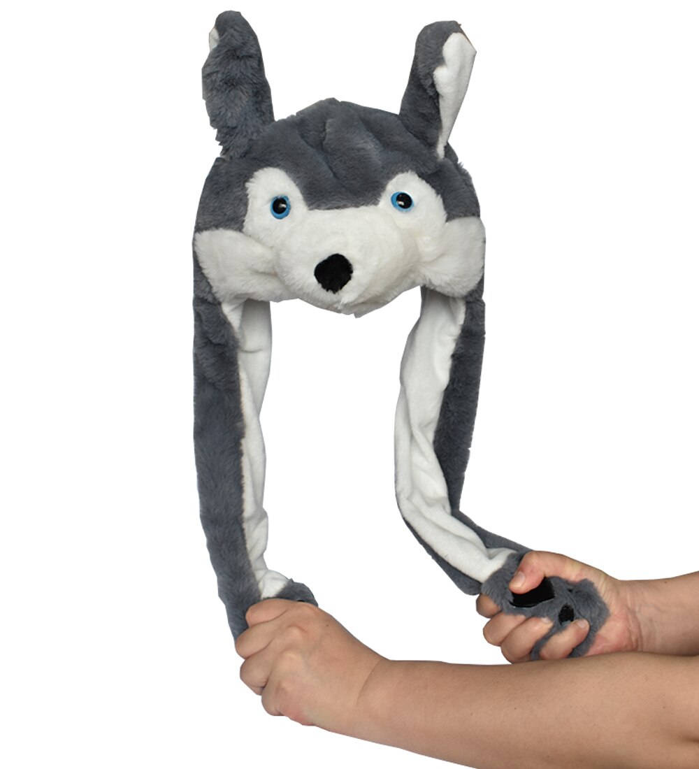 DOUBCHOW Ear Moving Cute Plush Grey Wolf Animal Hat with Paws for Adults Teenagers Kids Boys Girls Costume Winter Hats Beanie
