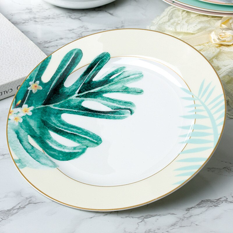 Skandynawski zielony liść styl płyta ceramiczna ręcznie malowany okrągły Beefsteak płyta taca śniadaniowa talerze obiadowe talerz: Monstera