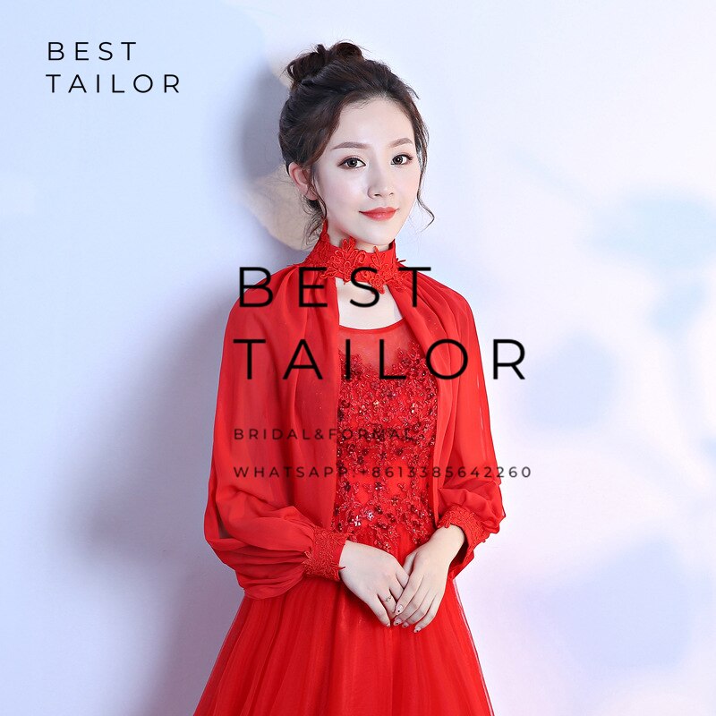 Kleuren beschikbaar! ivoor chiffon bruidsjassen bolero bruidsmeisjesjurken hoge hals split lange mouwen bruiloft accessoires