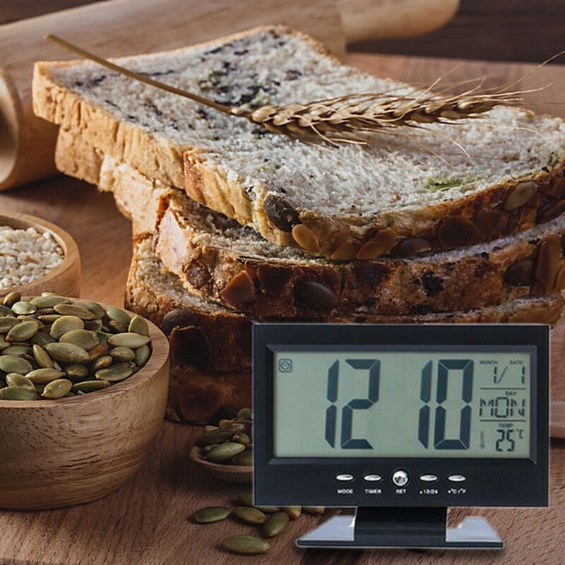 LCD Digital Time Alarm Clock Multifunction Snooze Calendar Temperature Night Display Sound Activated Table Clock