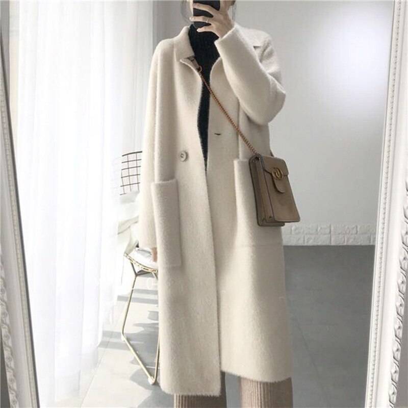 Spring Autumn Women Trench Coat Long White Warm Outwear Pocket Turn-down Collarloose Female Wool Coat Single Button Raincoat