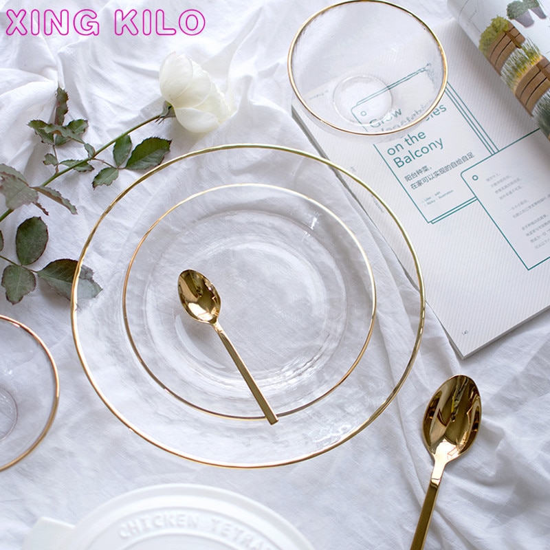 Phnom Penh talerz sałatkowy Phnom Penh szklana zastawa stołowa płyta ręcznie malowane złoty krawędzi talerz na owoce złoty talerz robić przechowywania