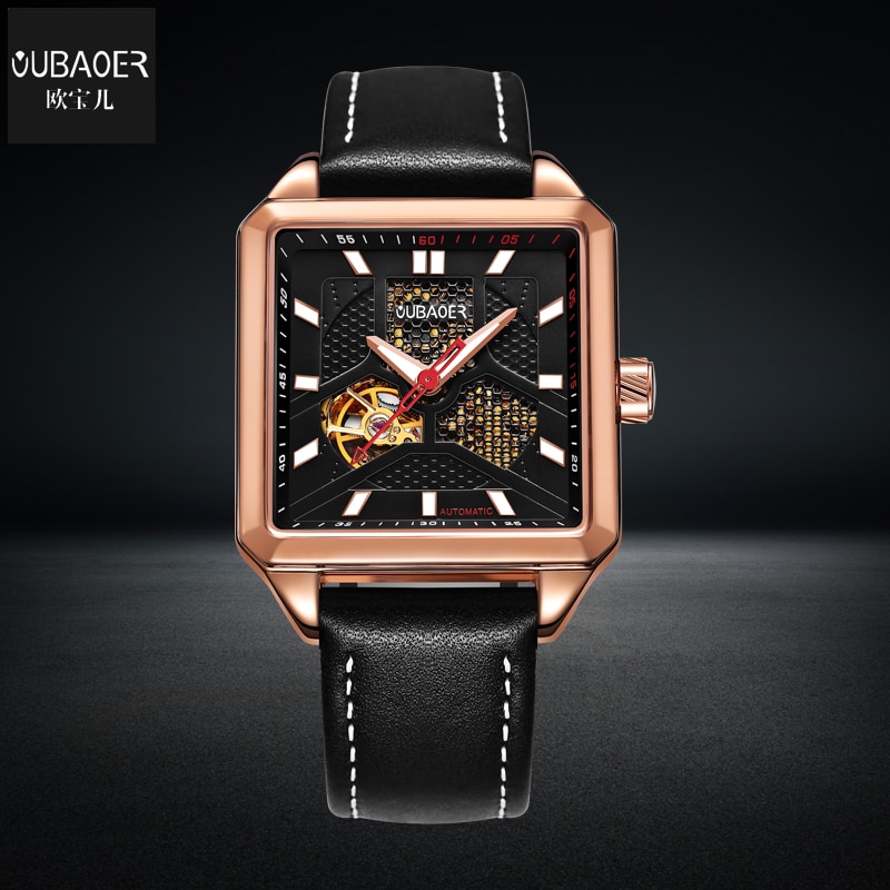 OUBAOER hommes montres mécaniques automatique auto-vent Sport cuir hommes montre-bracelet carré squelette homme mâle heure chaude