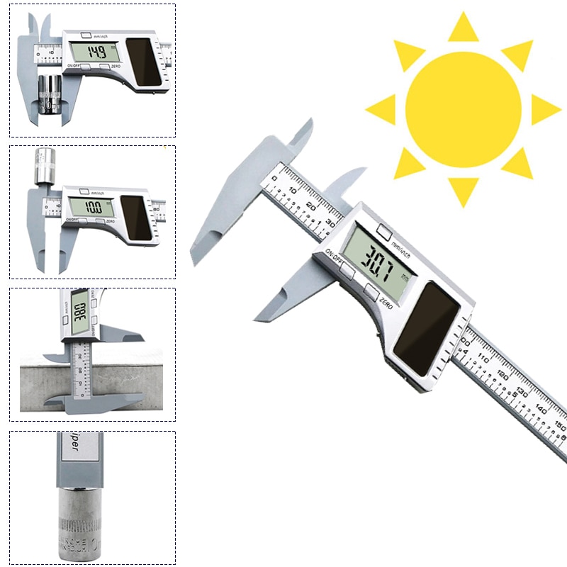 LCD Digital Solar Caliper Digital Vernier Caliper Power By Solar Energy Micrometer Measuring Tools Height Measuring Instruments