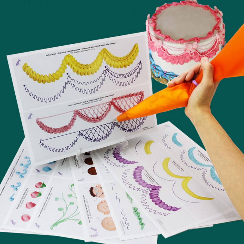 12 stk fondant glasur piping øvelsesbræt wilton stil kage wienerbrød begynderpapirer til dekoration inklusive 23 populære mønstre