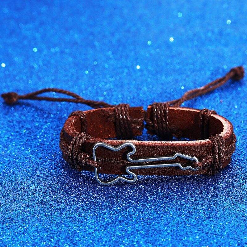 Modieuze Gitaar Vorm Charm Weave Pu Lederen Heren Armbanden Voor Vrouwen Homme Femme Mannelijke Sieraden: Dark Brown