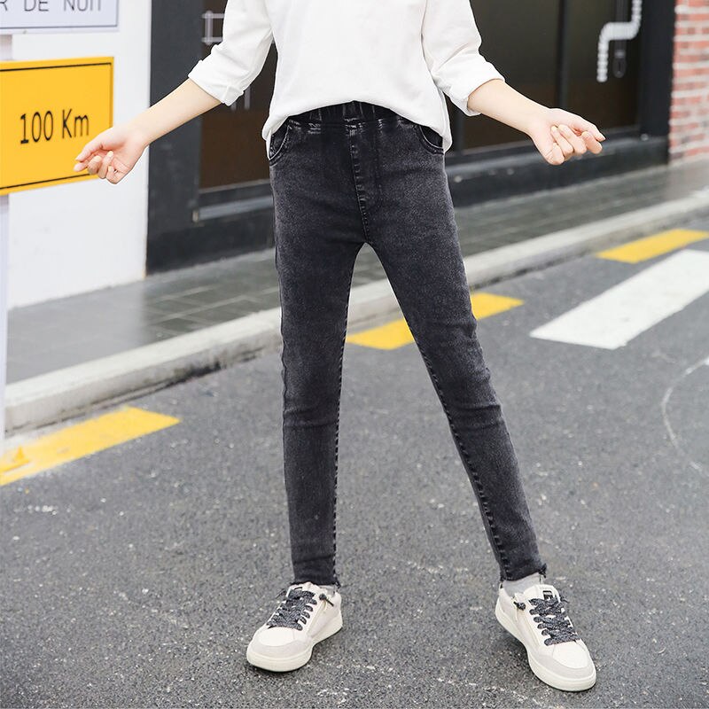 Girls Jeans Children's Elastic Simple Pants Spring Autumn Kids Slim Denim Trousers 4-13Y Teenager Skinny Jeans: Black / 13