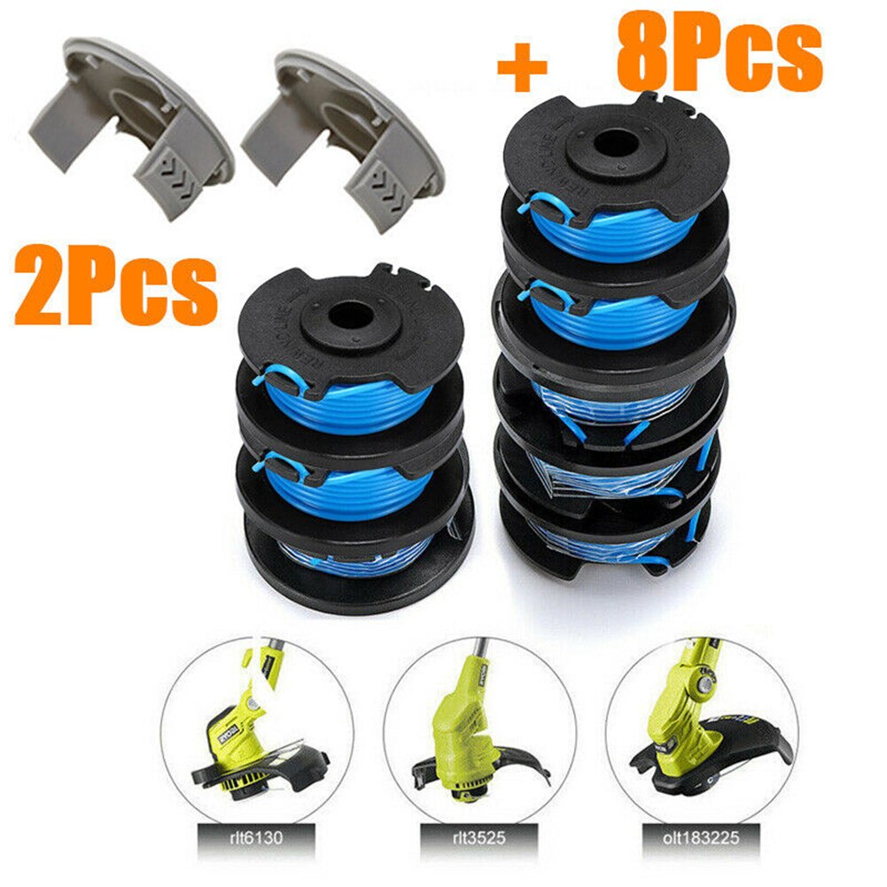 8Pcs Trimmer Spool Line With 2 Spool Covers For Ryobi One Lawn Mower AC14RL3A