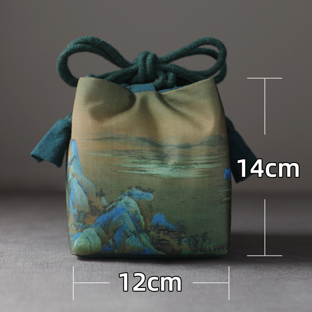 Ancient Painting Teaware Storage Bag Outdoor Travel Tea Set Tea Cozies Silk Teapot Teacup Cloth Bag Nuts Package: L / Light yellow