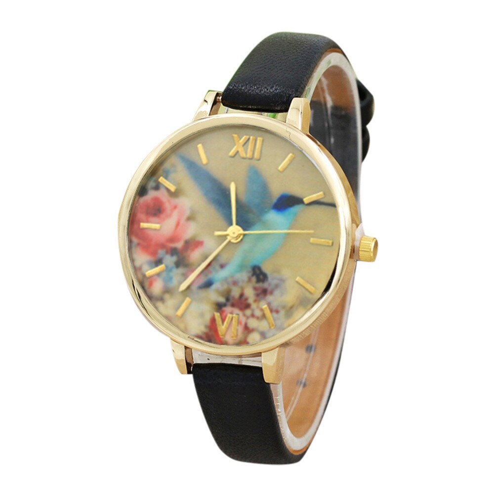 Vrouwen Jurk Leather Horloges Bloem Gedrukt Horloge Analoge Quartz Analoge Horloges Relogio Feminino: Black