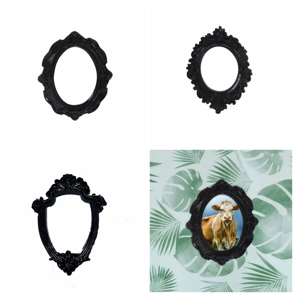 Svart vintage bilderamme harpikshåndverk liten harpiksramme miniatyrer oval form vegghengt fotoramme fotorekvisitt