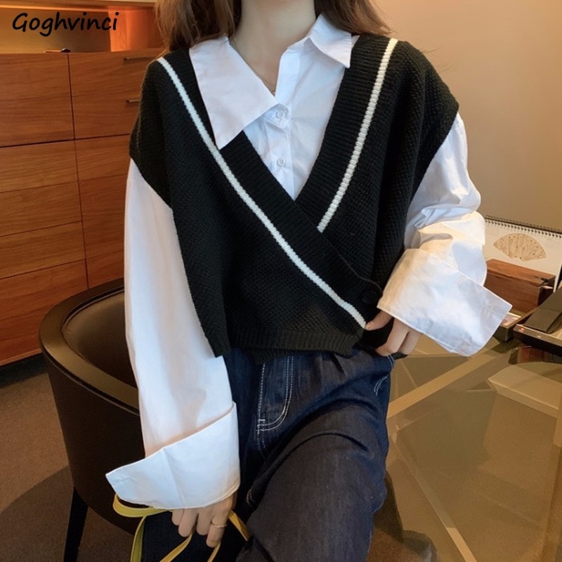 Tröja väst dam patchwork v-ringad enkelknapp snygg kontor dam koreanska ulzzang streetwear chic fritids ytterkläder