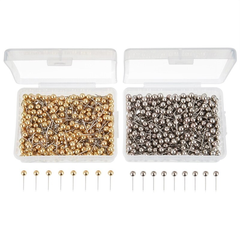 800 Pieces Map Tacks Push Pins Round Plastic Head with Stainless Steel Point, 0.16 Inch Head, Gold and Silver