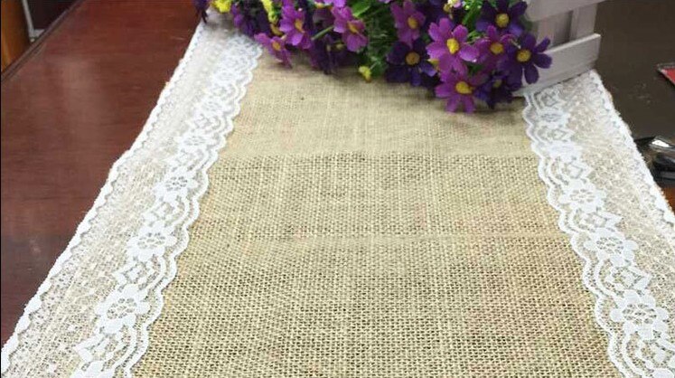 Bröllops säckbord bordslöpare/burlap spets bords löpare/hem fest bord dekoration/bröllop bord dekoration (30 cmx 270cm)
