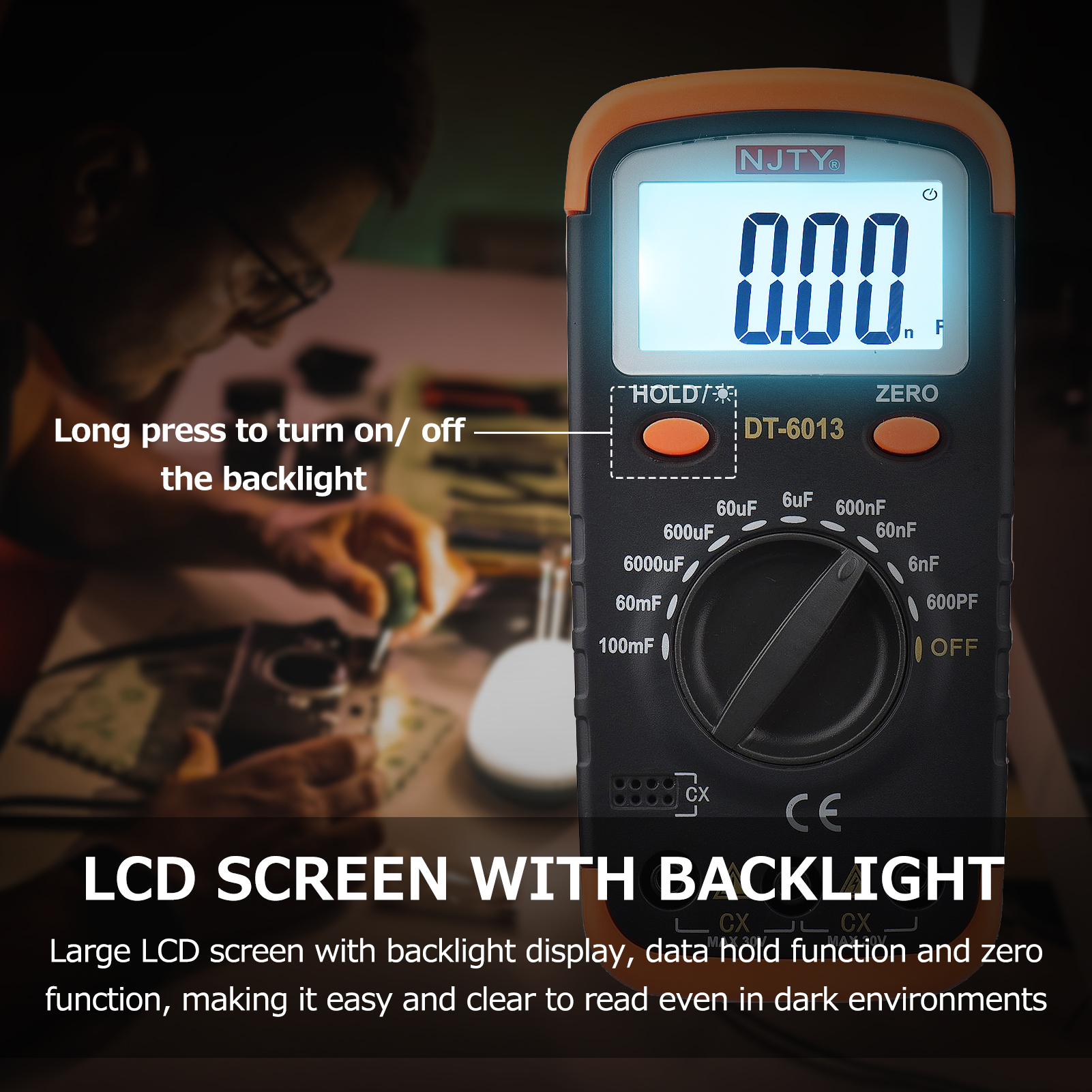 Digital Capacitance Meter with LCD Backlight Display 600pF to 100mF High Accuracy 6000 Counts Capacitor Tester Kit