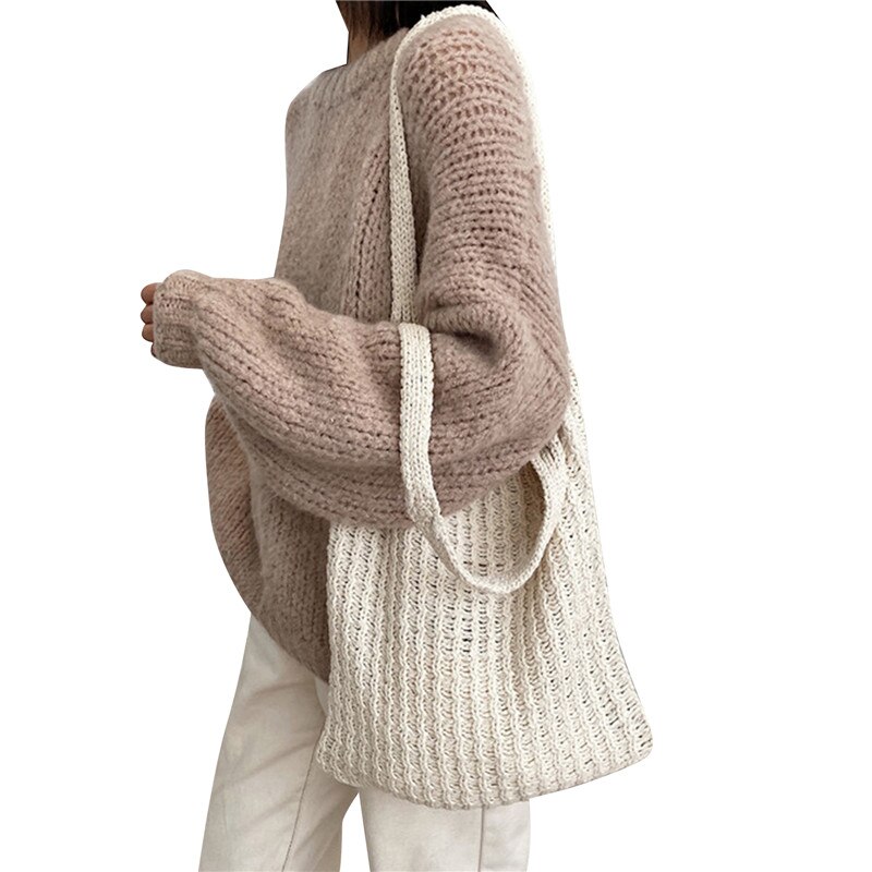 Gebreide wollen schoudertas voor dames, vintage katoenen tas voor meisjes, grote dameshandtas: Wit