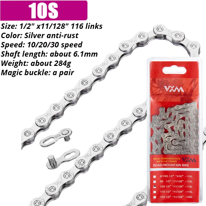 VXM-Cadena de plata antioxidante para bicicleta, eslabón rápido básico de 116L, 6, 7, 8, 9, 10, 11 y 12 velocidades, SHIMANO HG53, HG54, HG601, M6100: 10 Speed