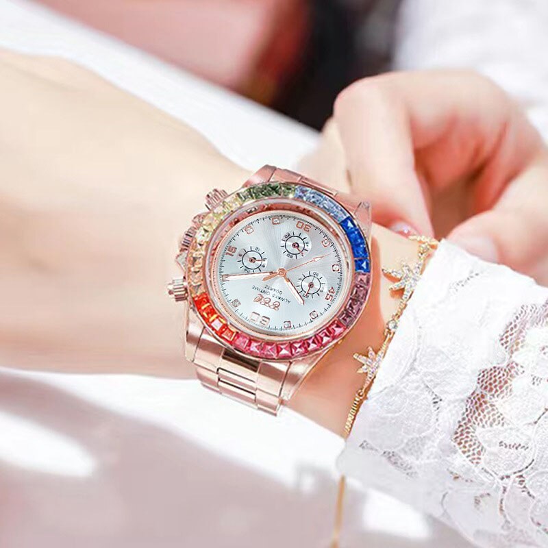 Rainbow Circle Three-eye Steel Band Watch, Square Diamond Color Diamond Personality Watch For Men And Women