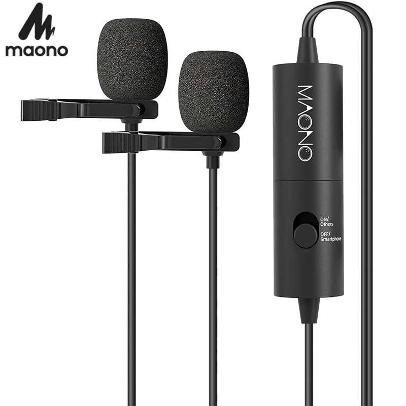 MAONO Dual Lavalier Microphone HandsFree Clip-on Lapel Microphone Mini Collar Condenser Mic for Camera DSLR Phone PC Laptop