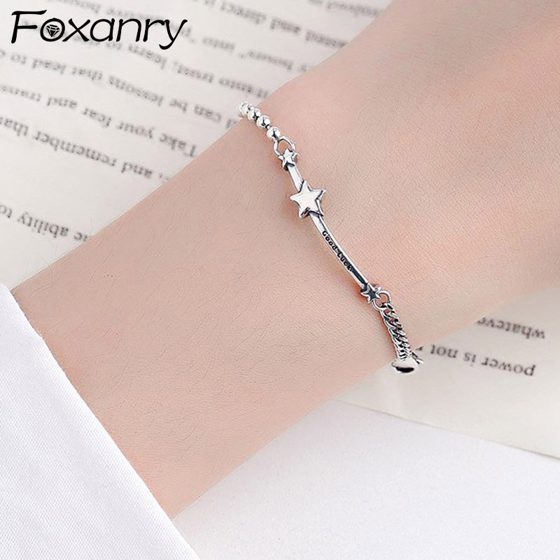 Foxanry 925 argent Sterling étoiles chanceux Bracelets pour femme Vintage pentagramme anglais lettre pendentif fête bijoux