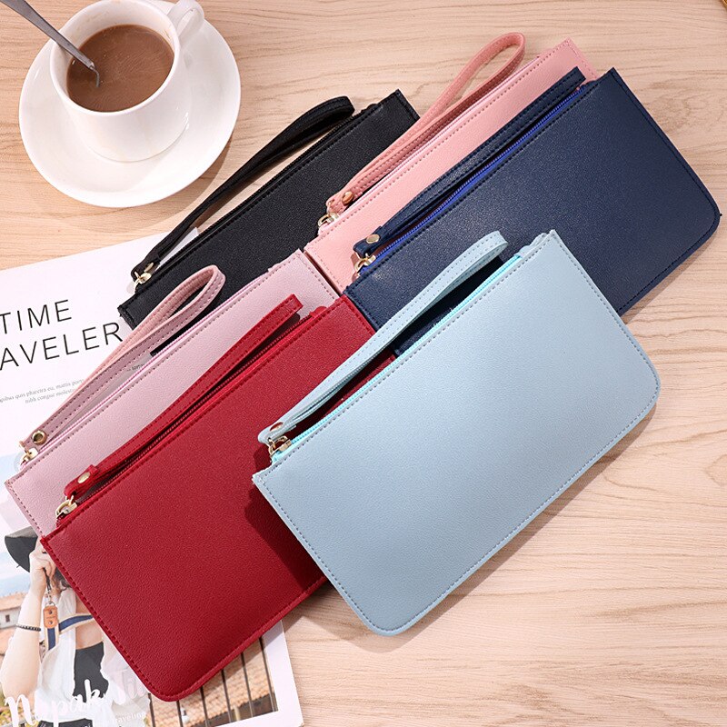 Mode Lange Vrouwen Effen Rits Portemonnee Portemonnee Clutch PU Lederen Telefoon Kaarthouder Meisjes Polsbandje Riem tas