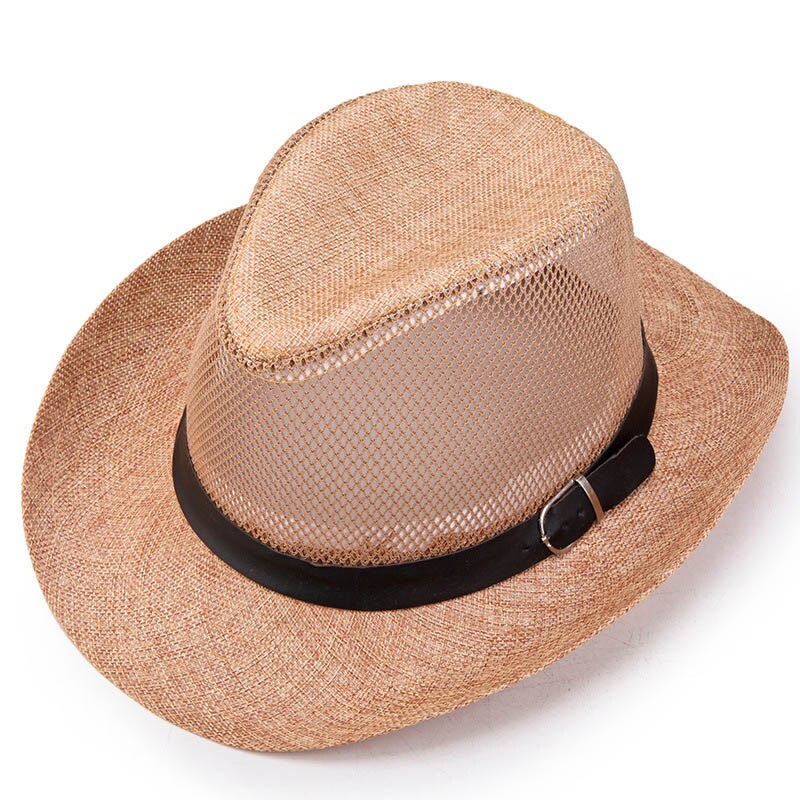 Summer Men Breathable net Cowboy Hat Wide Brim Travel Sun Hat Women Western Wide Curling Brim Cap Sun Protection Unisex Hats: Khaki