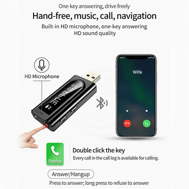 Bluetooth 2 in 1 empfänger 5.0 auto-led-sender, aux-fm-modulator, tf-kartenleser mit mikrofon für freisprechfunktion
