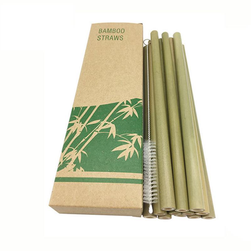 10 stk / sæt naturligt bambus halm genanvendeligt drikke sugerør med etui + ren børste miljøvenlige bambus sugerør bar værktøjer