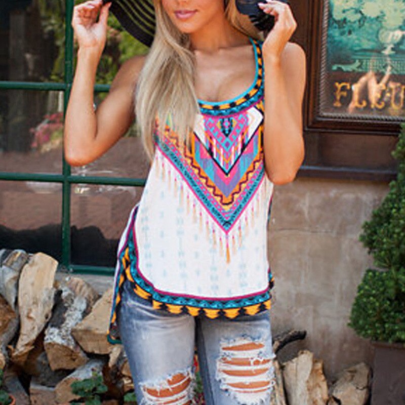 Boho femmes fleur été gilet sans manches plage chemise Blouse réservoir hauts T-Shirt femmes Boho imprimer t-shirts sans manches en vrac