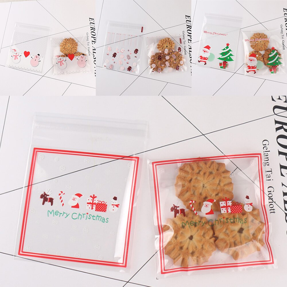 100Pcs Xmas Self-adhesive Cookie Packaging Plastic Bags Christmas Cellophane Party Bags Candy Bag Festival Party Favor