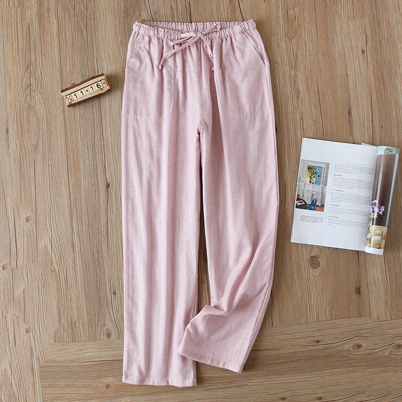 Women's Trousers Cotton Gauze Spring / Summer Thin Plaid Home Pants Loose Men Pajamas Elastic Waist Sleep Bottoms Lounge Pants: Women pink trousers / L