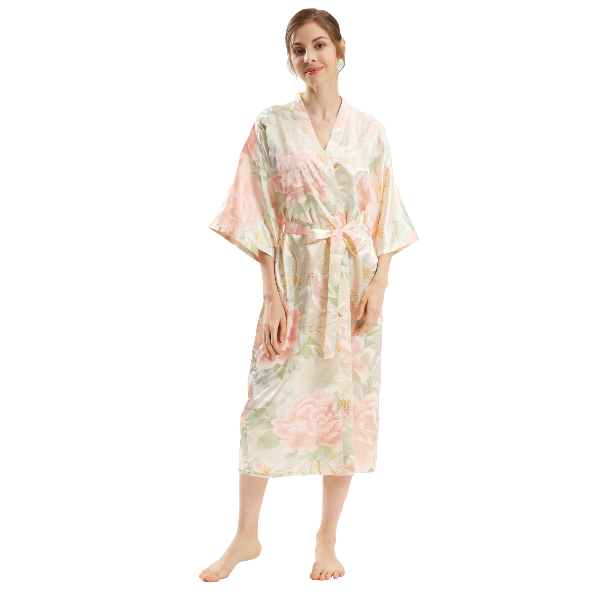 Sexy Bride Bridesmaid Wedding Dressing Woman Kimono Flower Print Satin Silk Yukata Bathing Robe: Brown