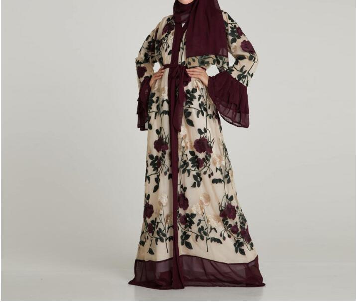 Muslim Embroidery Floral Abaya Long Dresses Flare Sleeve Cardigan Kimono Long Robe Tunic Middle East Ramadan Arab