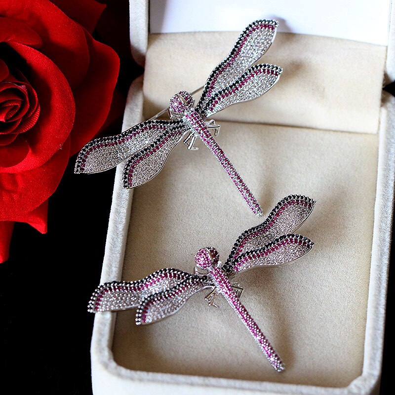 RED TREES Dragonfly Brooch - Women's Elegant Insect Pin Jewelry - White Gold & Zircon - 6.8cm