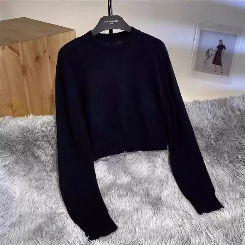 Camisola pequena de caxemira gola redonda para mulheres, estilo francês, camisa base curta solta simples, lã pura, primavera e outono: S / Preto