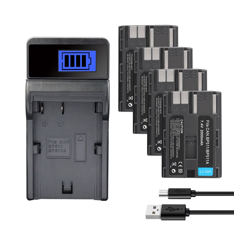 BP-511 BP511 BP-511A Battery For Canon EOS 40D 300D 5D 20D 30D 50D 10D D60 G6 BP511 FV40 FV30 FV100 200 Camera Batteries 2000mah: 1Charger 4Battery