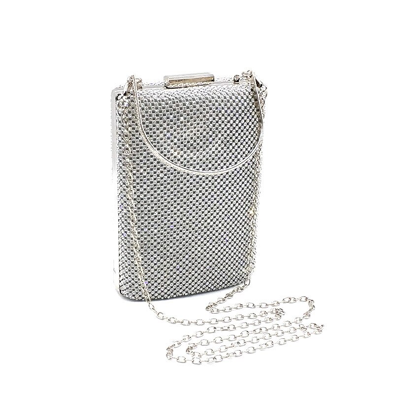 Bling hard box women shining bridal wedding women evening party bag women crystal cell phone box bag cross body shoulder bag: Silver clutch